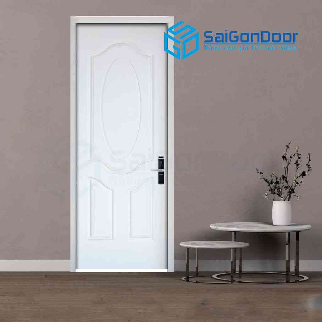 Cửa gỗ HDF được dùng cho cửa phòng khách với màu trắng nổi bật cho căn phòng